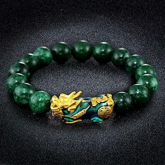Feng Shui Bracelet, Green Stone Beads Bracelet Unisex Feng Shui Pi Xiu Wristband Gold Wealth Pixiu Women Men Bracelets-Black Green