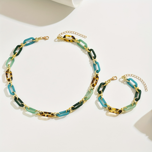Lxalry Handmade Multi-Color Resin Jewelry Set, Adjustable Gold Metal Chain Necklace & Bracelet For Women, Boho Modern Accessories For Daily Formal Stacking (Non-Tarnish Gift)