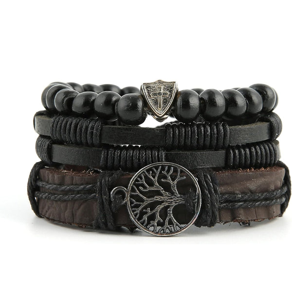 1 set Genuine Leather Tree of life Bracelets Men Women, Tiger Eye Natural Stone Lava Rock Beads Ethnic Tribal Elastic Bracelets Wristbands, Jewelry for Men Teen Boys Gifts Birthday Christmas Anniversary Father Day Gifts for Hi